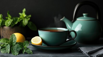 Fototapeta premium Mint and lemon herbal tea in a teal cup beside a matching teapot with fresh mint leaves and lemon slices on a dark background.