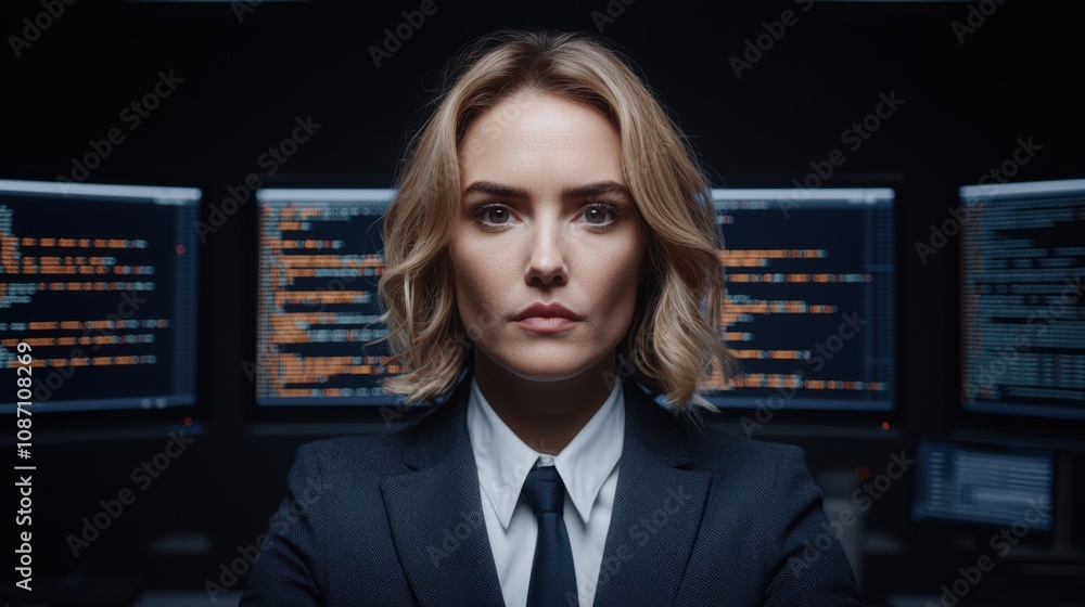Poster a confident woman in a suit sits in front of multiple screens displaying code, embodying a tech-savv
