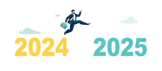 The businessman jumps from 2024 to 2025. Holiday, Happy New Year. Business success and growth in the new year 2025, overcoming obstacles, unfinished tasks in the passing year. Vector illustration