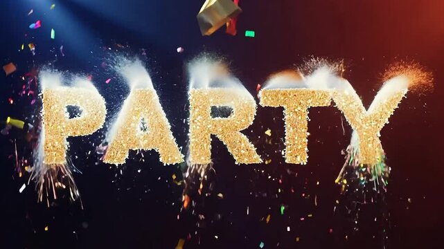 An animated lettering of the word Party with colorful glitter and many colors.