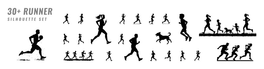Silhouettes set of men women kids and athletes in running jogging and racing poses for logos icons and web use
