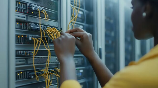 A technician organizes network cables in a server room, showcasing the intricacies of data management and technology.