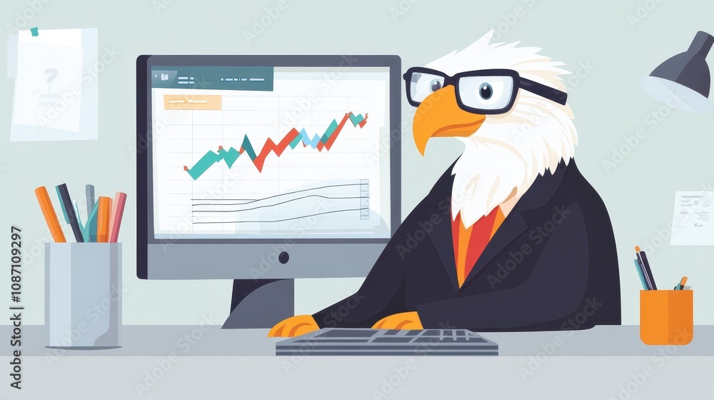 Poster professional eagle with glasses analyzing financial chart in office setting with stylish desk access