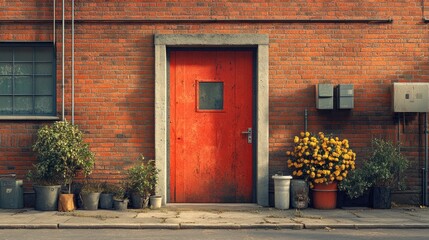 Naklejka premium A vibrant red door framed by potted plants against a brick wall.