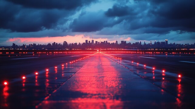 New York Airport Tarmac with Skyline View, vibrant urban landscape, aircraft details, city architecture in the background, cinematic atmosphere