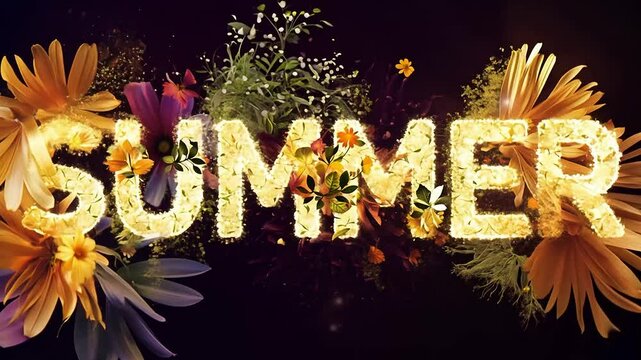An animated lettering of the word Summer as a background consisting of an explosion of flowers and plants.