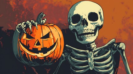 Skeleton Holding a Jack-o'-Lantern