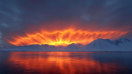 Fototapeta premium An orange-yellow sunset cloud forms over distant mountains and clouds , glinting orange-yellow light against white