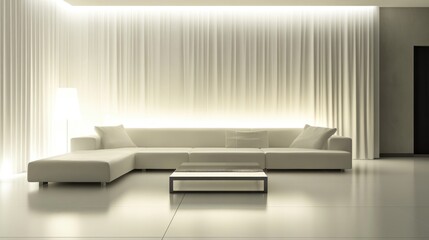 Sophisticated minimalist lounge featuring a sleek white sofa, ambient lighting, and a stylish low coffee table in a serene atmosphere.