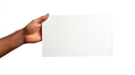 Fototapeta premium Hand presenting a blank sheet of paper against a white background, ideal for creating tickets, flyers, invitations, or promotional materials.