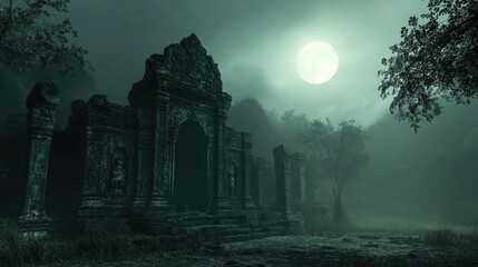 Fototapeta premium Ancient temple shrouded in mist under a full moon, surrounded by ghostly trees, creating an eerie, mystical atmosphere.
