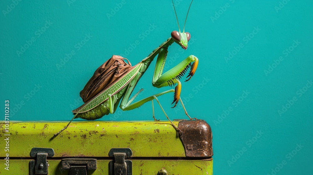 Poster a praying mantis with a small backpack posing on a bright green suitcase against a turquoise backgro