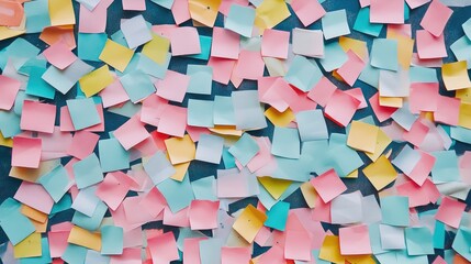 Vibrant assortment of pastel sticky notes scattered on a blue background, showcasing a mix of pink, yellow, and turquoise colors for creative organization.
