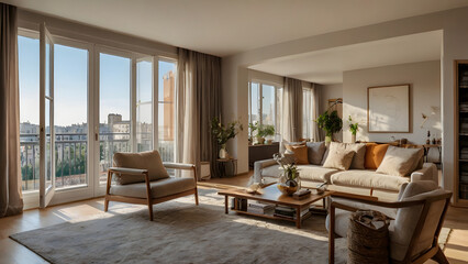 Arafed living room with a couch, chairs, coffee table and a bookcase