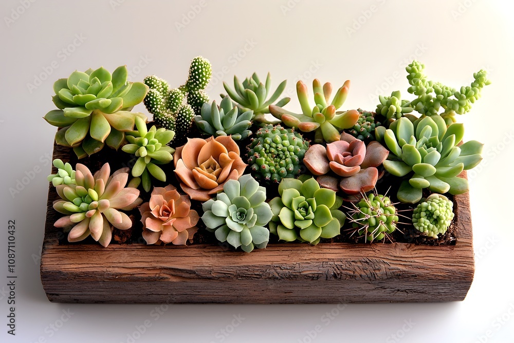 Poster rustic wooden planter filled with a diverse array of thriving succulents and cacti displayed against