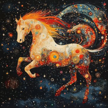 The Horse Zodiac reimagined in a universe of swirling constellations, galaxy bursts framing traditional Chinese New Year fireworks in shimmering starlight