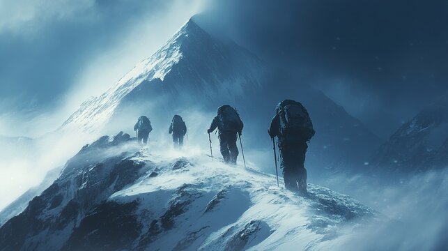 A group of mountaineers approaching a snowy summit, battling against harsh winds and cold conditions.