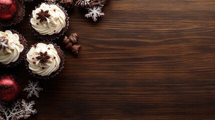 Festively decorated Christmas cupcakes topped with cream and spices on a rustic wooden surface with decorative ornaments and snowflakes nearby.