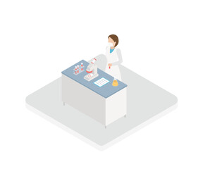 3D isometric flat vector conceptual illustration of chemistry class. Medical or science laboratory. Woman character in laboratory isometric vector.