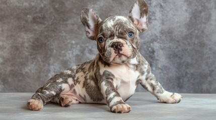 Merle French Bulldog puppy with blue eyes and mottled coat, striking a playful pose against a textured gray background.