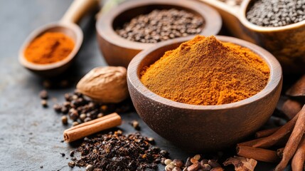 Colorful spices in wooden bowls, including turmeric powder and various seeds, arranged on a textured surface, emphasizing vibrant natural ingredients for health and vitality.