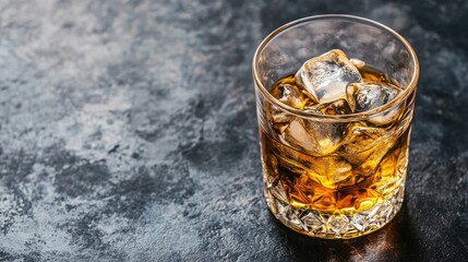 Glass of whiskey with ice cubes on a dark stone surface showcasing rich amber color and ample negative space for alcohol-themed designs.