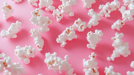 Popcorn kernels scattered across a vibrant pink surface creating a fun and energetic visual display with bright colors and playful textures.