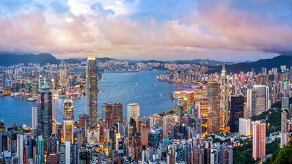 Hong Kong cityscapse at sunset.