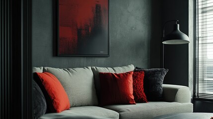 Inviting gray living room corner showcasing a plush sofa adorned with vibrant cushions and a striking abstract poster on the wall.