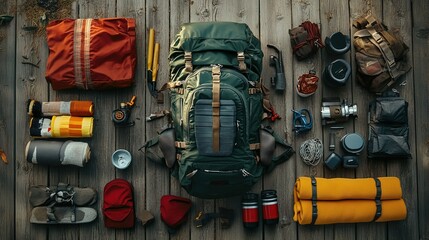 A hiker's backpack with essential adventure gear laid out, ready for an expedition.