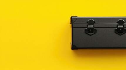 Modern black toolbox positioned against a bright yellow background, featuring shiny metal clasps and ample empty space for text.