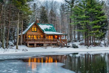 Fototapeta premium A cozy cabin nestled in the snow-covered woods, surrounded by towering pine trees and reflecting on an icy pond. An old house with a porch, wooden walls, green roof, and windows, with warm light.