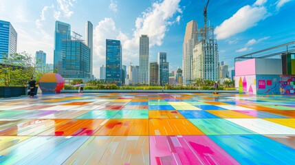 Empty square floor with city skyline background, Surreal metropolitan montage, collage-style composition