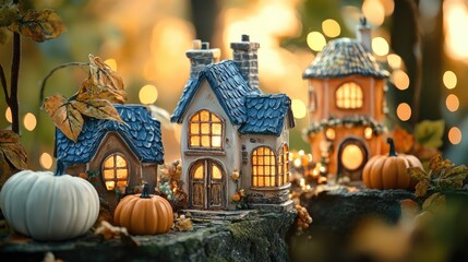 Charming miniature houses adorned with decorative pumpkins amidst a vibrant fall backdrop create a cozy autumn atmosphere, perfect for seasonal celebrations.