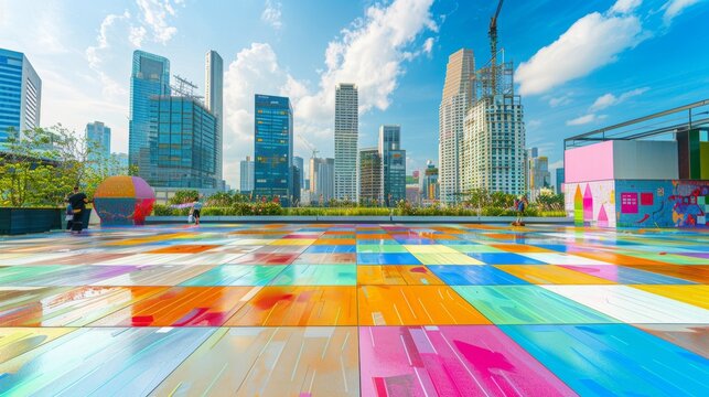 Empty square floor with city skyline background, Surreal metropolitan montage, collage-style composition
