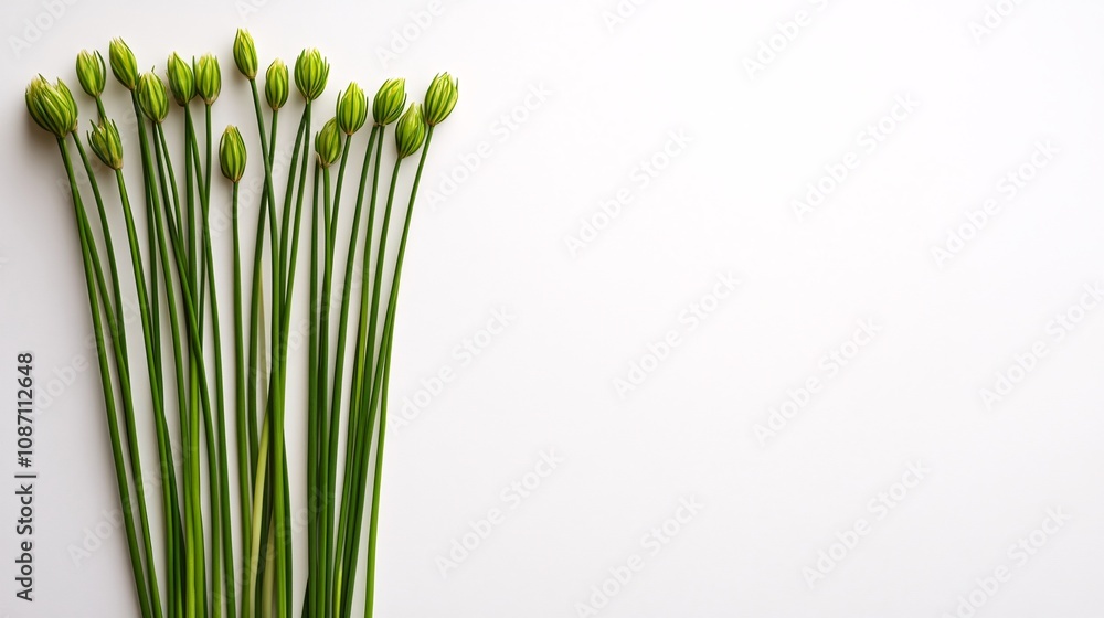 Poster Isolated on white background chives with long slender green stems aligned in a minimalist arrangement and side empty space for text Stockphoto style