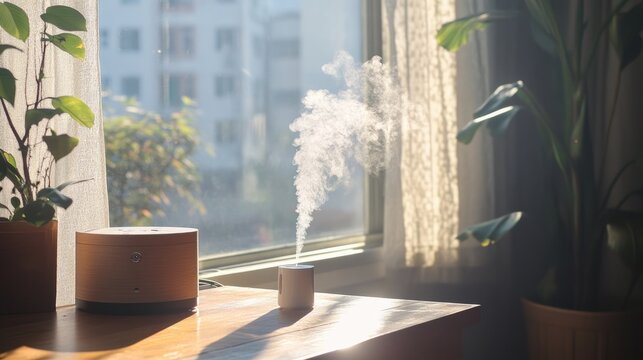 Air purifier releasing mist in a sunlit room with indoor plants, highlighting efforts to measure air quality for a healthier environment.