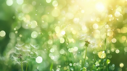 Fototapeta premium Delicate dandelion flowers with fine details glowing in sunlight, surrounded by vibrant green bokeh and an enchanting summery atmosphere.