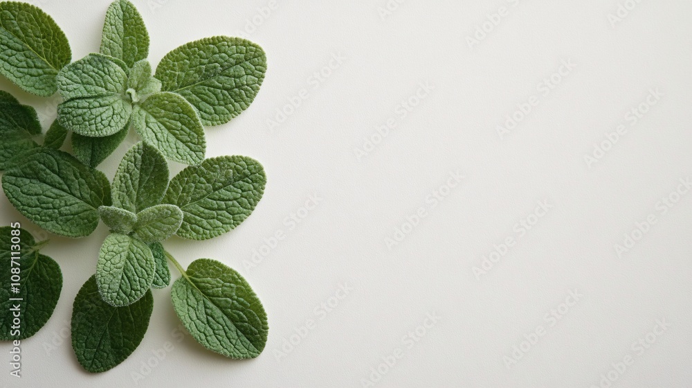 Poster isolated on white background sprig of marjoram with soft oval leaves delicately placed for a clean h