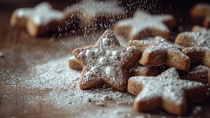Homemade gingerbread cookies shaped like stars, decorated powdered sugar on the wooden table, Christmas banner with copy space. Festive treats concept.