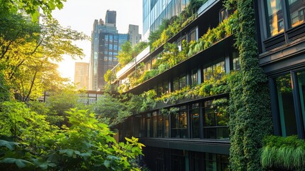 Sustainable office building enveloped by lush greenery, featuring modern architecture with abundant plants and natural light in an urban landscape.