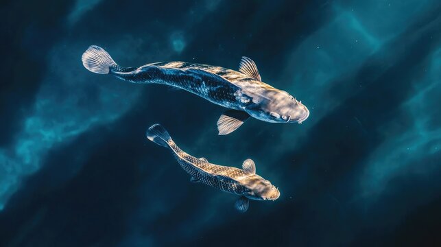 Mother snakehead murrel fish alongside her vibrant offspring swimming near the surface, captured in an overhead shot under shimmering water.