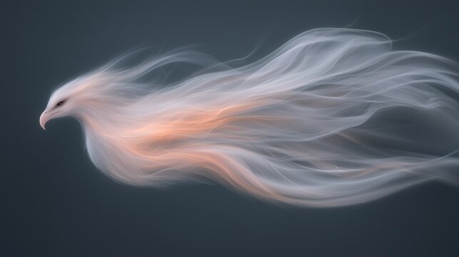 A white bird with orange feathers is flying through a cloud of smoke