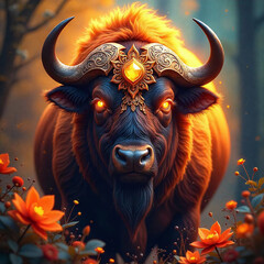 A Spectacular Bison Portrait Reimagined: Radiant Colors and Ornate Details Capture Its Power and Grace