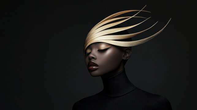 A woman with a gold headpiece is the main focus of the image