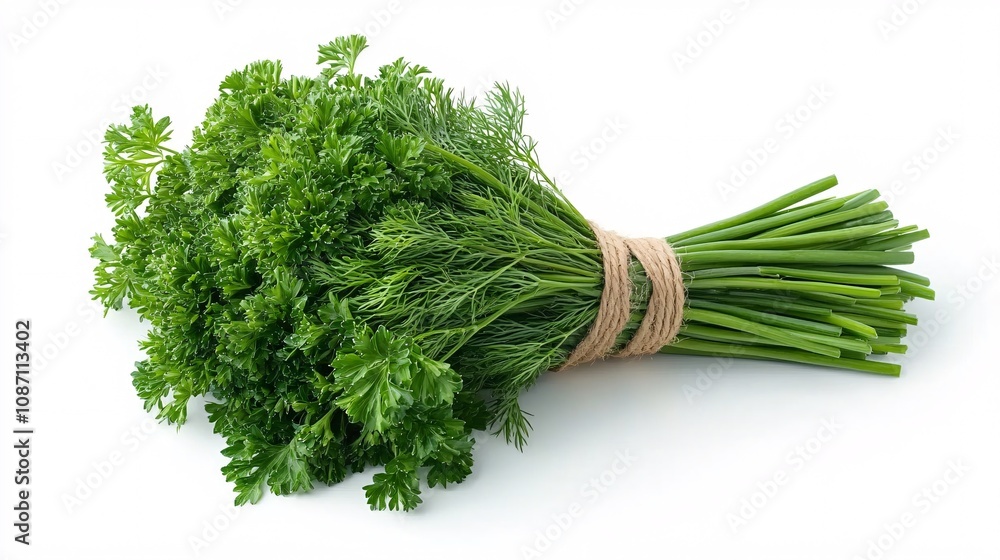 Poster isolated on white background small bouquet of fresh mixed herbs including parsley dill and chives ti
