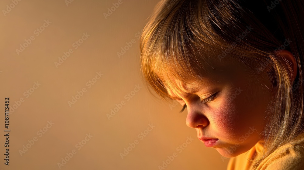 Poster a contemplative child with a focused expression in soft lighting.
