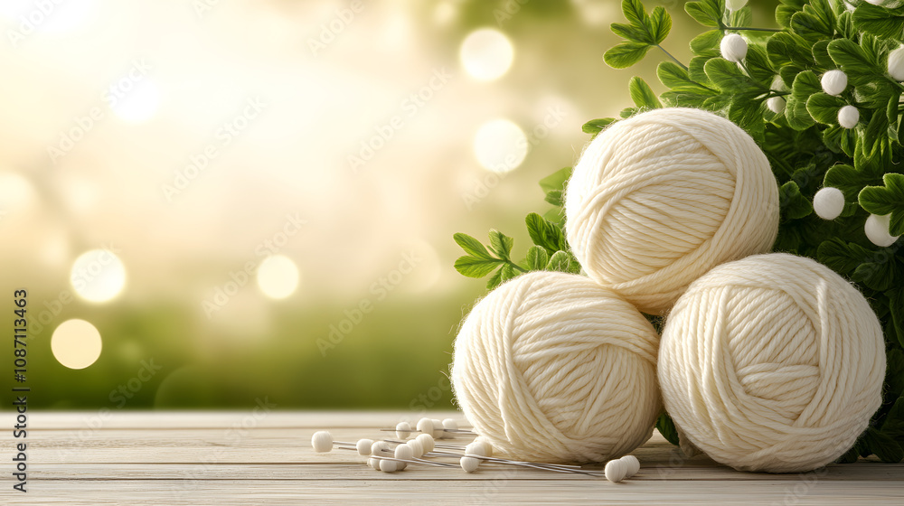 Poster a serene image featuring three white yarn balls surrounded by greenery and soft bokeh lights, perfec
