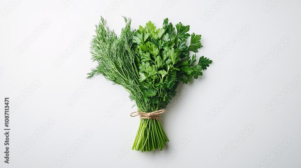 Poster isolated on white background small bouquet of fresh mixed herbs including parsley dill and chives ti