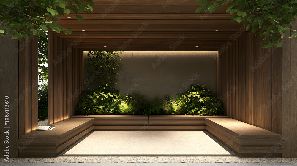 Poster a serene, minimalist wooden space with soft lighting and lush greenery, creating a tranquil atmosphe